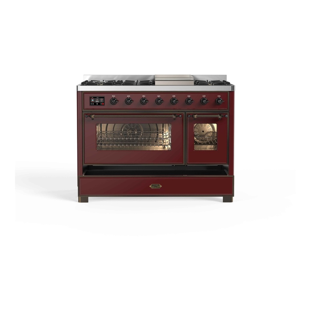 ILVE UM12FDNS3BUBLP Majestic II 48 inch Dual Fuel Range with 8 Black Brass Burners, Griddle (Liquid Propane, Triple Glass Door, Burgundy, Burnished) 9 ILVE UM12F Majestic II 48 inch Dual Fuel Range with 8 Burners, Griddle