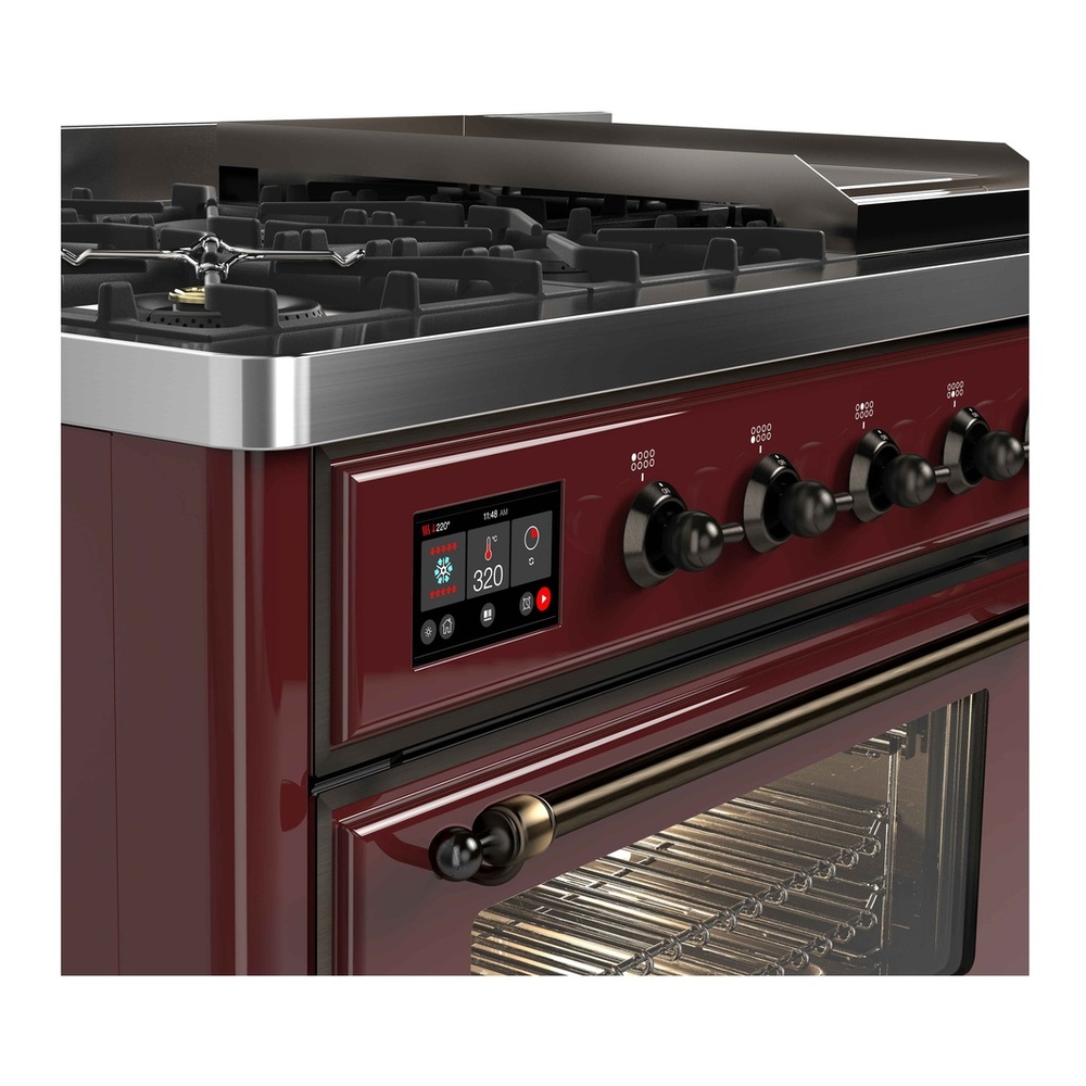 ILVE UM12FDNS3BUBLP Majestic II 48 inch Dual Fuel Range with 8 Black Brass Burners, Griddle (Liquid Propane, Triple Glass Door, Burgundy, Burnished) 10 ILVE UM12F Majestic II 48 inch Dual Fuel Range with 8 Burners, Griddle