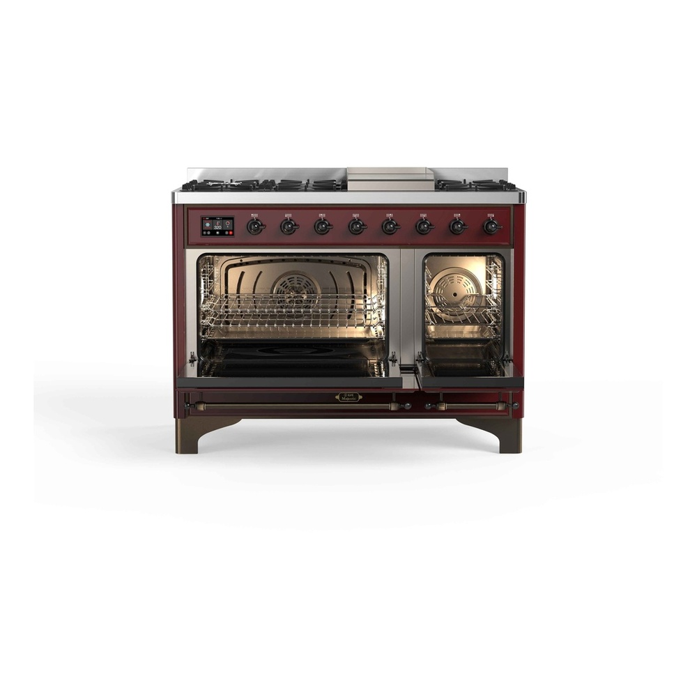 ILVE UM12FDNS3BUBLP Majestic II 48 inch Dual Fuel Range with 8 Black Brass Burners, Griddle (Liquid Propane, Triple Glass Door, Burgundy, Burnished) 6 ILVE_UM12FDNS3BUBLP_Majestic_II_48"_Dual_Fuel_Range_Top_Angle