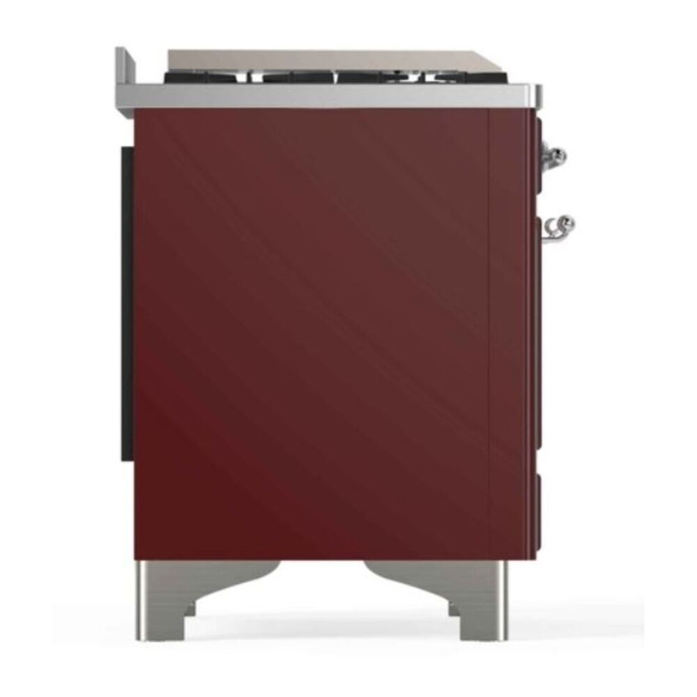 ILVE UM12FDNS3BUC Majestic II 48 inch Dual Fuel Range with 8 Black Brass Burners, Griddle (Natural Gas, Triple Glass Door, Burgundy, Chrome) 12 ILVE_UM12FDNS3BUC_Majestic_II_48_Dual_Fuel_Range_Left_Angle