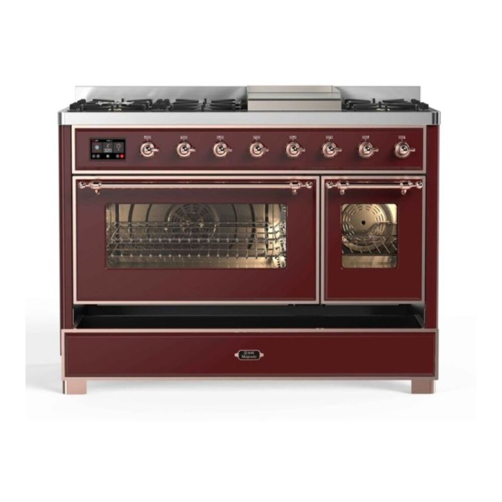 ILVE UM12FDNS3BUP Majestic II 48 inch Dual Fuel Range with 8 Black Brass Burners, Griddle (Natural Gas, Triple Glass Door, Burgundy, Copper) 8 ILVE UM12F Majestic II 48 inch Dual Fuel Range with 8 Burners, Griddle