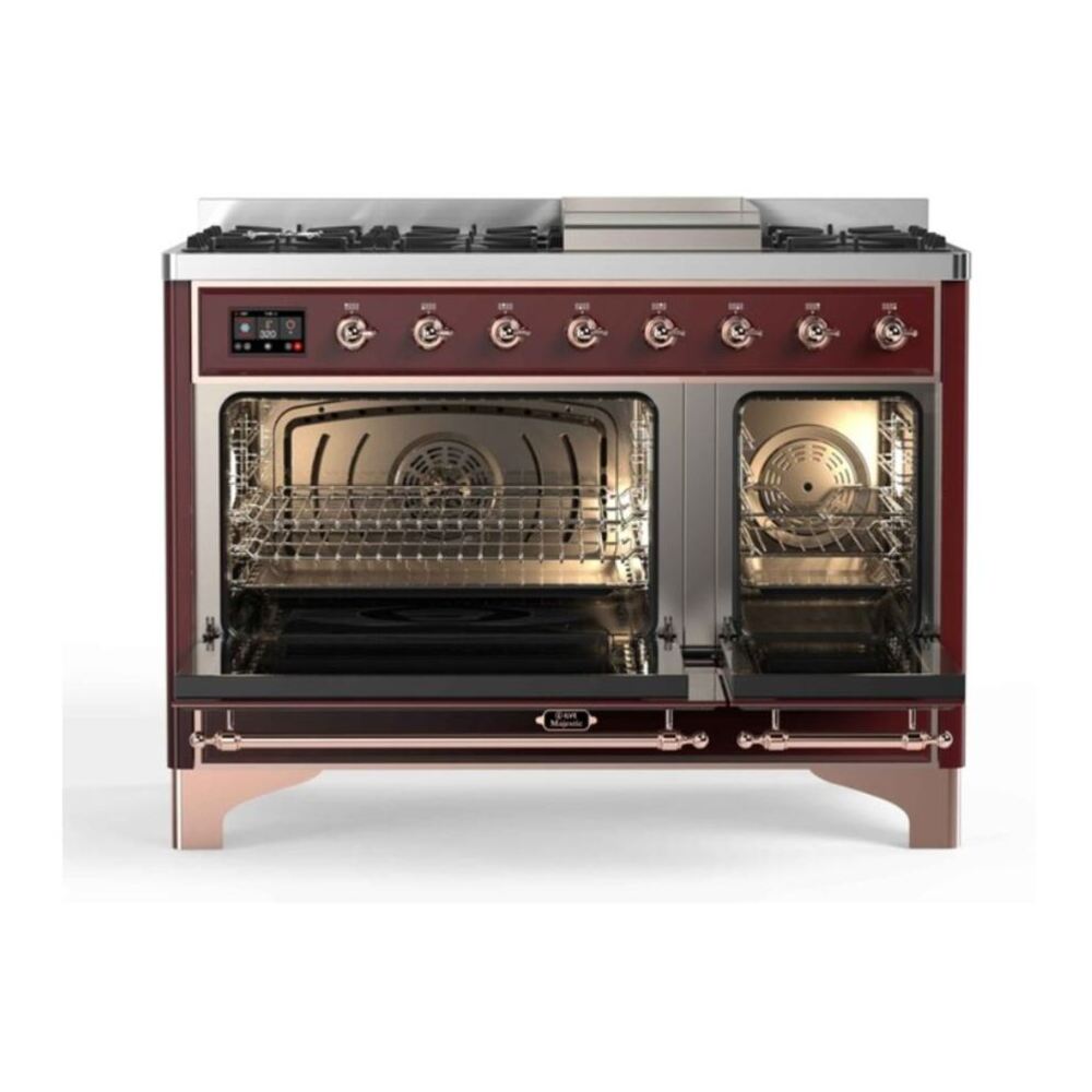 ILVE UM12FDNS3BUP Majestic II 48 inch Dual Fuel Range with 8 Black Brass Burners, Griddle (Natural Gas, Triple Glass Door, Burgundy, Copper) 5 ILVE_UM12FDNS3BUP_Majestic_II_48_Dual_Fuel_Range_Top_Angle