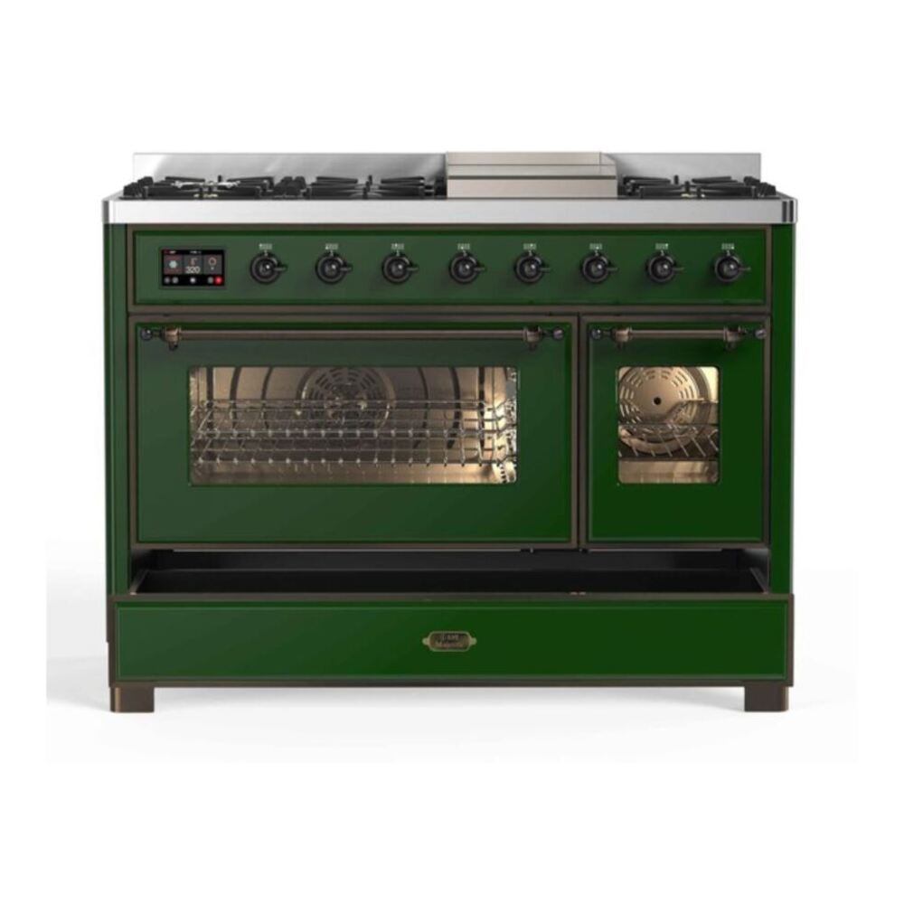 ILVE UM12FDNS3EGB Majestic II 48 inch Dual Fuel Range with 8 Black Brass Burners, Griddle (Natural Gas, Triple Glass Door, Emerald Green, Burnished) 8 ILVE UM12F Majestic II 48 inch Dual Fuel Range with 8 Burners, Griddle