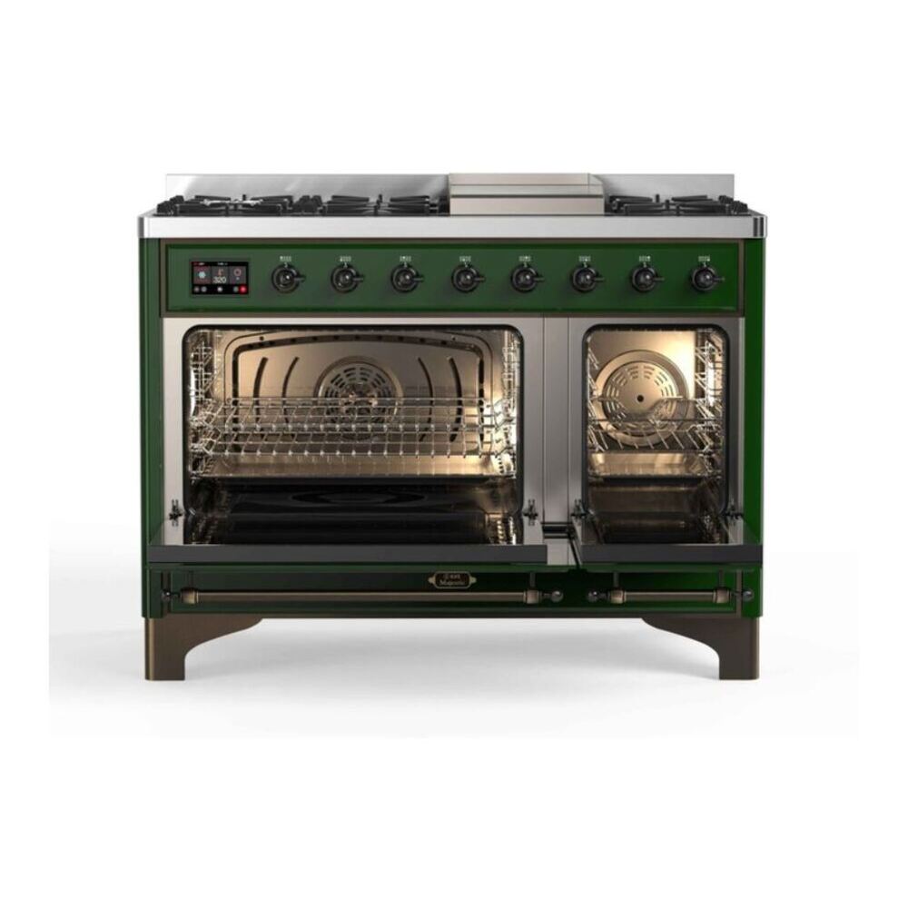 ILVE UM12FDNS3EGB Majestic II 48 inch Dual Fuel Range with 8 Black Brass Burners, Griddle (Natural Gas, Triple Glass Door, Emerald Green, Burnished) 5 ILVE_UM12FDNS3EGB_Majestic_II_48"_Dual_Fuel_Range_Top_Angle