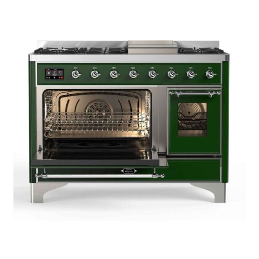 ILVE UM12FDNS3EGCLP Majestic II 48 inch Dual Fuel Range with 8 Black Brass Burners, Griddle (Liquid Propane, Triple Glass Door, Emerald Green, Chrome) 4 ILVE UM12F Majestic II 48 inch Dual Fuel Range with 8 Burners, Griddle