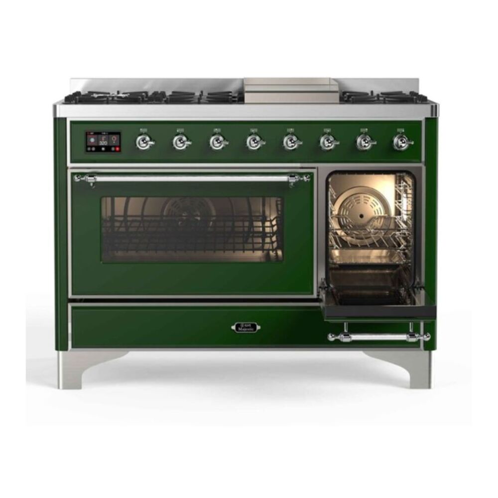 ILVE UM12FDNS3EGCLP Majestic II 48 inch Dual Fuel Range with 8 Black Brass Burners, Griddle (Liquid Propane, Triple Glass Door, Emerald Green, Chrome) 5 ILVE UM12F Majestic II 48 inch Dual Fuel Range with 8 Burners, Griddle