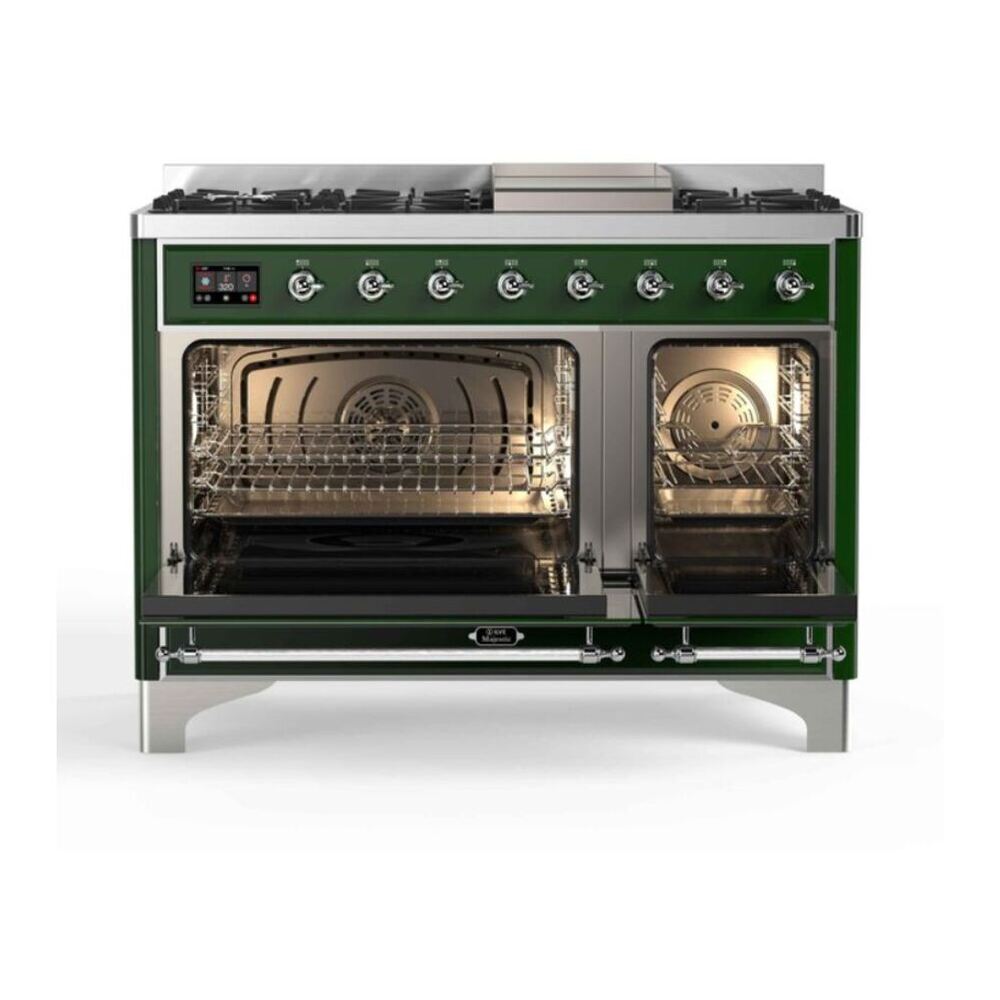 ILVE UM12FDNS3EGCLP Majestic II 48 inch Dual Fuel Range with 8 Black Brass Burners, Griddle (Liquid Propane, Triple Glass Door, Emerald Green, Chrome) 3 ILVE_UM12FDNS3EGCLP_Majestic_II_48"_Dual_Fuel_Range_Top_Angle