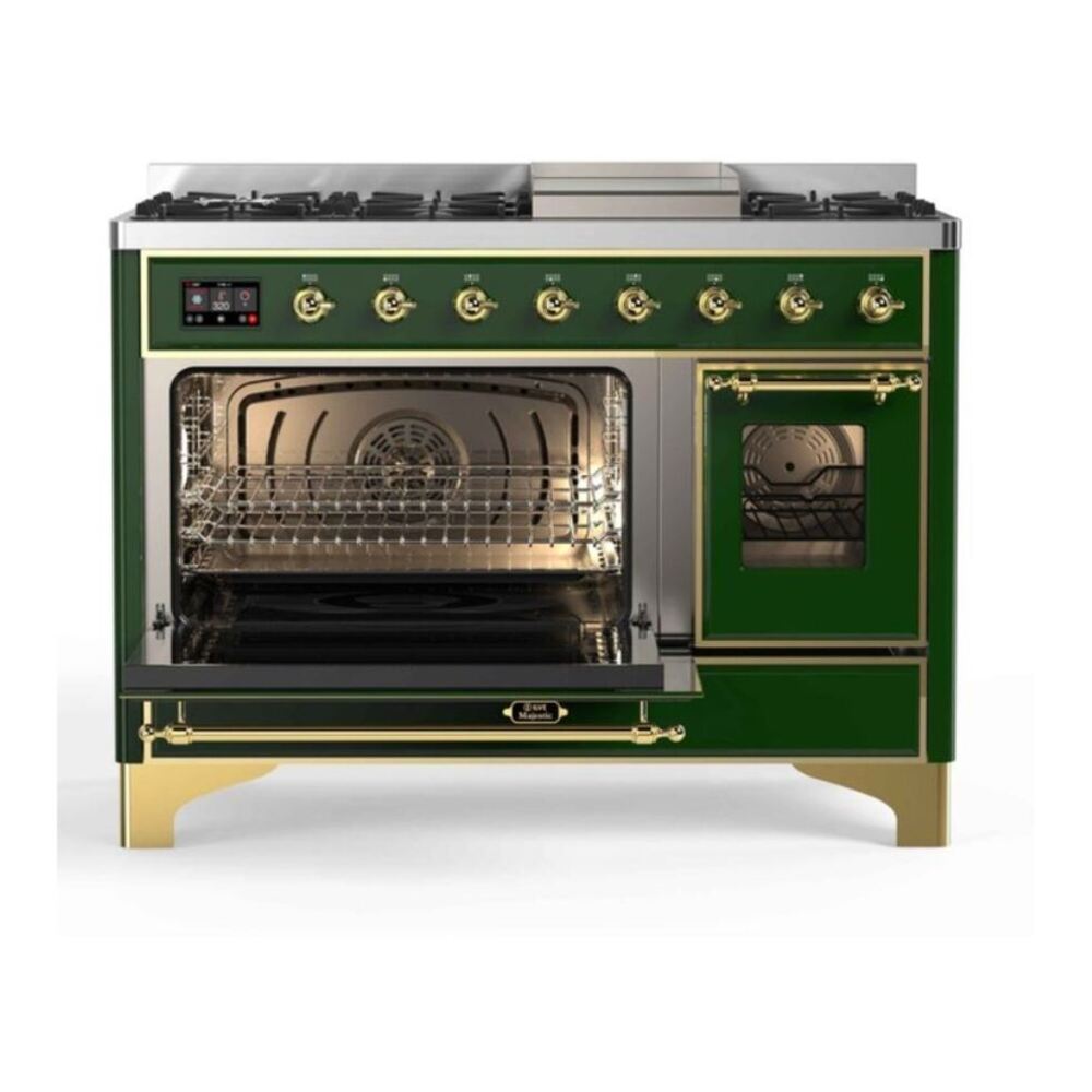 ILVE UM12FDNS3EGGLP Majestic II 48 inch Dual Fuel Range with 8 Black Brass Burners, Griddle (Liquid Propane, Triple Glass Door, Emerald Green, Brass) 7 ILVE UM12F Majestic II 48 inch Dual Fuel Range with 8 Burners, Griddle