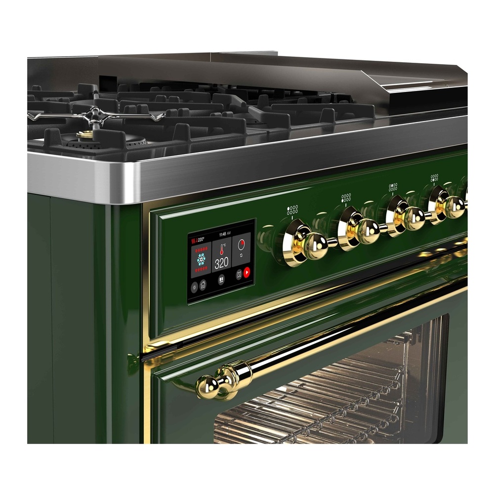 ILVE UM12FDNS3EGGLP Majestic II 48 inch Dual Fuel Range with 8 Black Brass Burners, Griddle (Liquid Propane, Triple Glass Door, Emerald Green, Brass) 10 ILVE UM12F Majestic II 48 inch Dual Fuel Range with 8 Burners, Griddle