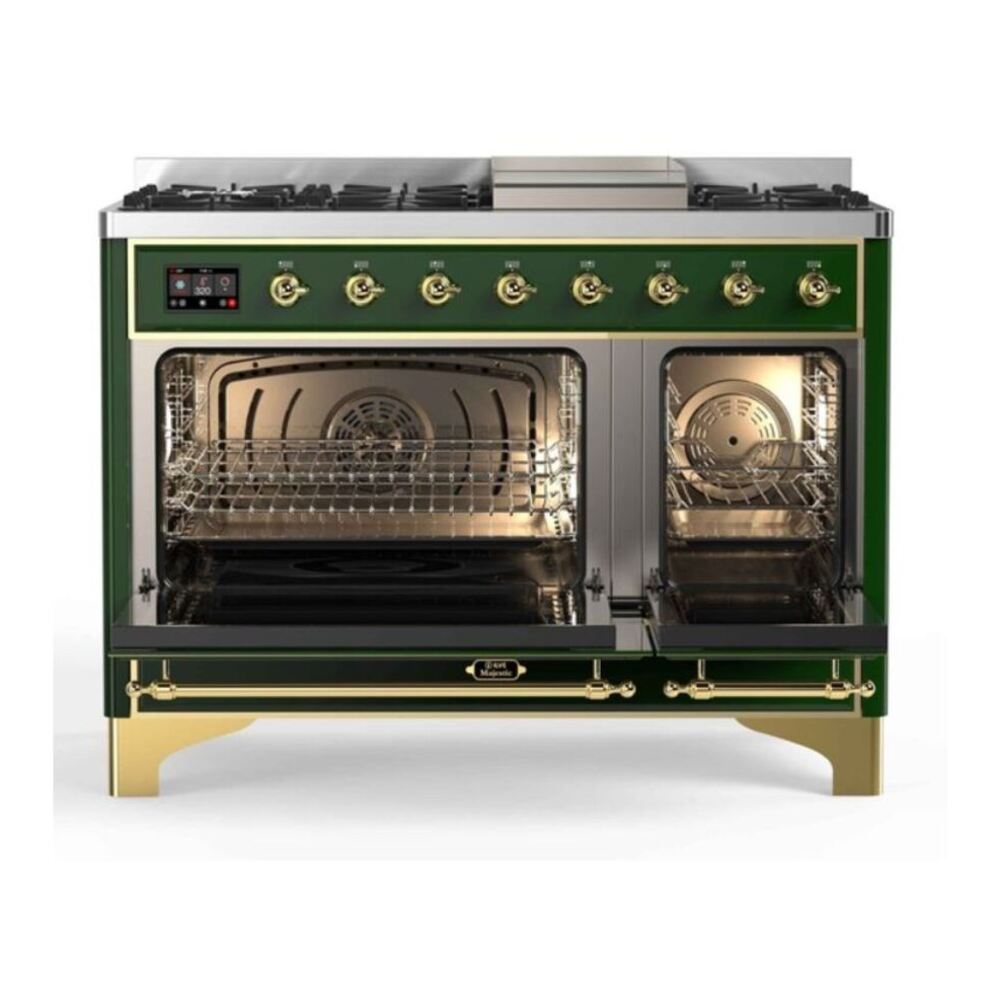 ILVE UM12FDNS3EGGLP Majestic II 48 inch Dual Fuel Range with 8 Black Brass Burners, Griddle (Liquid Propane, Triple Glass Door, Emerald Green, Brass) 6 ILVE_UM12FDNS3EGGLP_Majestic_II_48"_Dual_Fuel_Range_Top_Angle