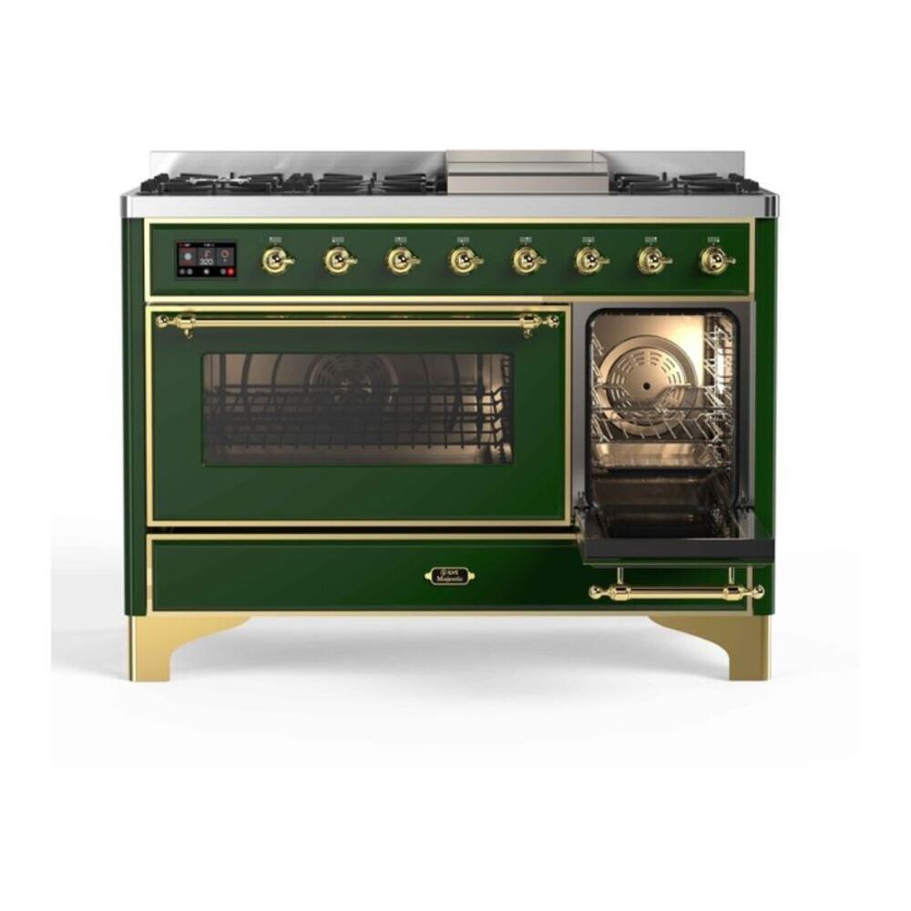 ILVE UM12FDNS3EGG Majestic II 48 inch Dual Fuel Range with 8 Black Brass Burners, Griddle (Natural Gas, Triple Glass Door, Emerald Green, Brass) 8 ILVE UM12F Majestic II 48 inch Dual Fuel Range with 8 Burners, Griddle