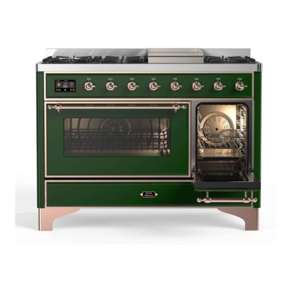 ILVE UM12FDNS3EGPLP Majestic II 48 inch Dual Fuel Range with 8 Black Brass Burners, Griddle (Liquid Propane, Triple Glass Door, Emerald Green, Copper) 7 ILVE UM12F Majestic II 48 inch Dual Fuel Range with 8 Burners, Griddle