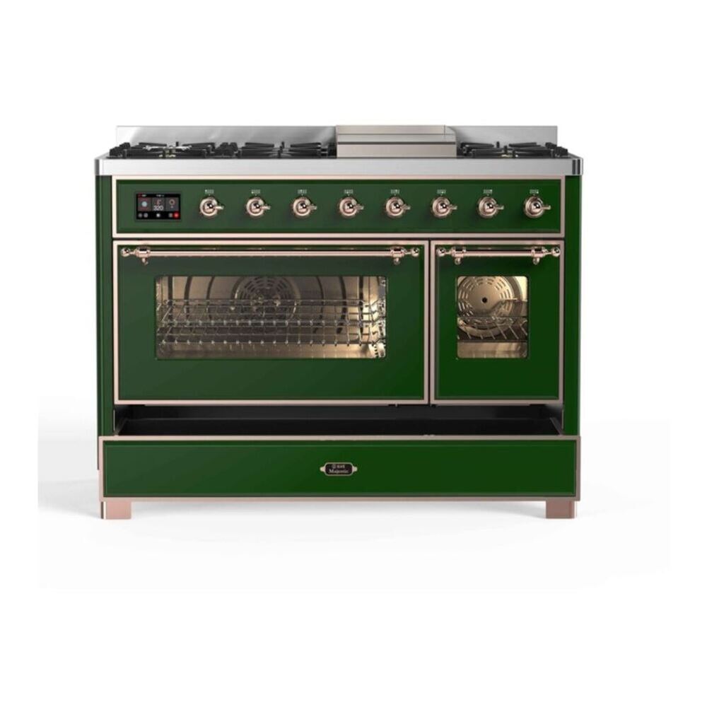 ILVE UM12FDNS3EGPLP Majestic II 48 inch Dual Fuel Range with 8 Black Brass Burners, Griddle (Liquid Propane, Triple Glass Door, Emerald Green, Copper) 8 ILVE UM12F Majestic II 48 inch Dual Fuel Range with 8 Burners, Griddle
