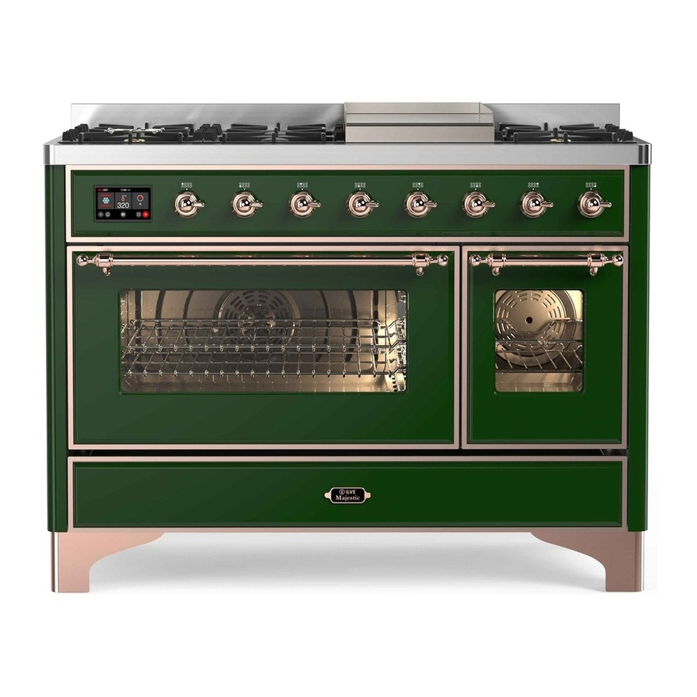 ILVE UM12FDNS3EGP Majestic II 48 inch Dual Fuel Range with 8 Black Brass Burners, Griddle (Natural Gas, Triple Glass Door, Emerald Green, Copper) 1 UM12FDNS3EGP
