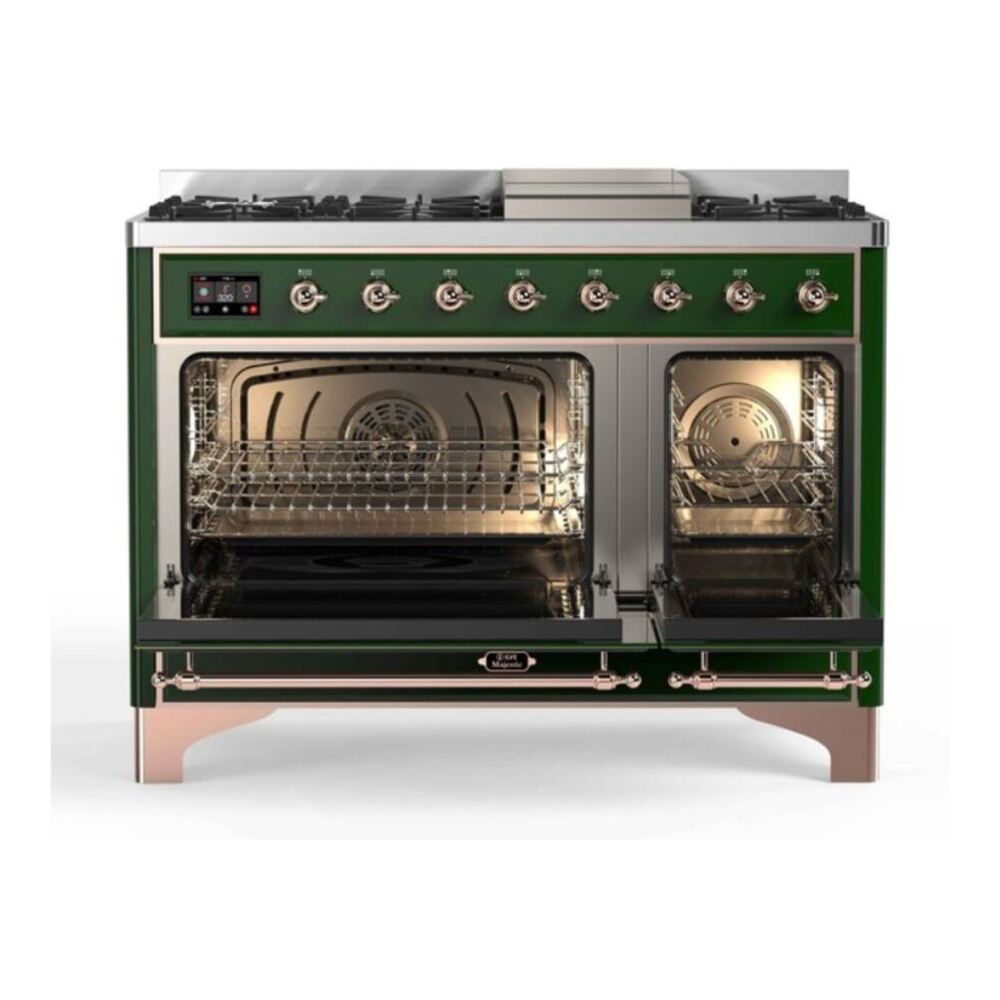 ILVE UM12FDNS3EGP Majestic II 48 inch Dual Fuel Range with 8 Black Brass Burners, Griddle (Natural Gas, Triple Glass Door, Emerald Green, Copper) 5 ILVE_UM12FDNS3EGP_Majestic_II_48_Dual_Fuel_Range_Top_Angle