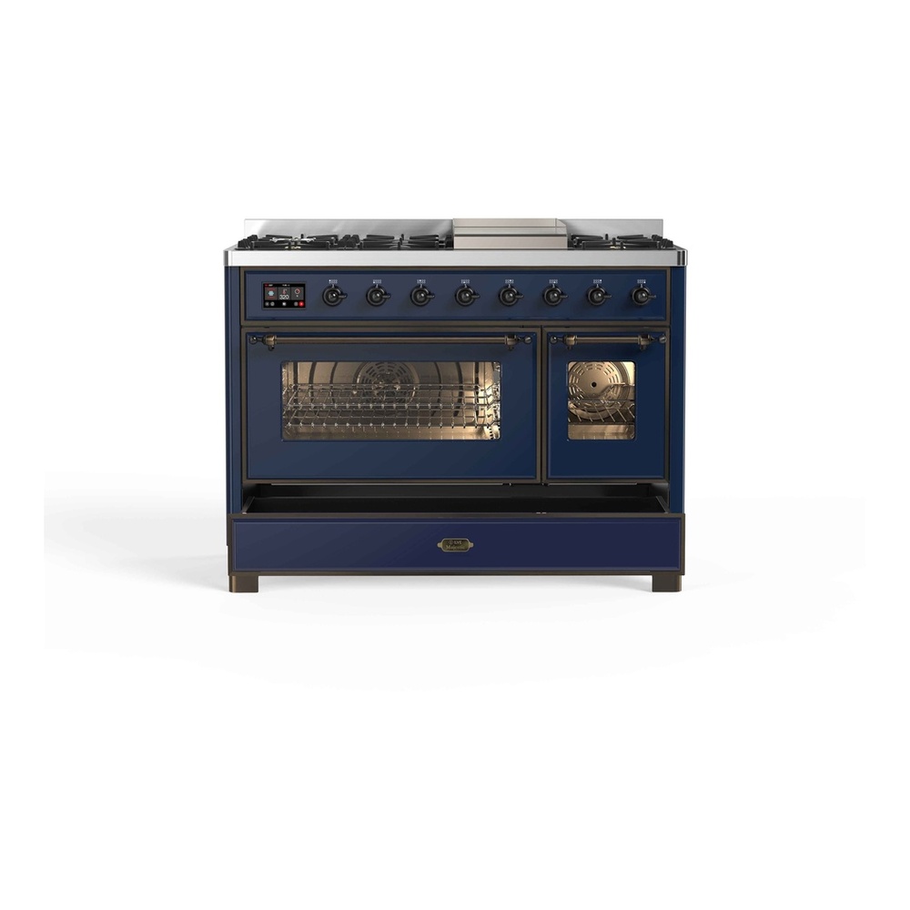 ILVE UM12FDNS3MBBLP Majestic II 48 inch Dual Fuel Range with 8 Black Brass Burners, Griddle (Liquid Propane, Triple Glass Door, Midnight Blue, Burnished) 8 ILVE UM12F Majestic II 48 inch Dual Fuel Range with 8 Burners, Griddle