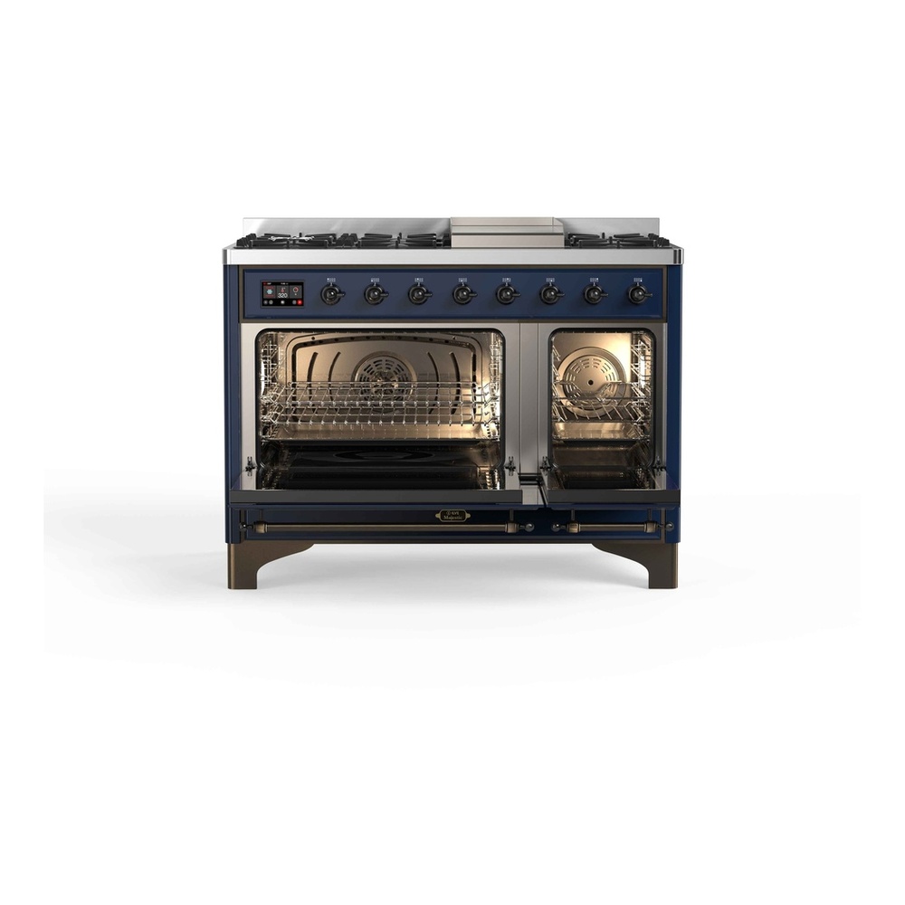 ILVE UM12FDNS3MBBLP Majestic II 48 inch Dual Fuel Range with 8 Black Brass Burners, Griddle (Liquid Propane, Triple Glass Door, Midnight Blue, Burnished) 5 ILVE_UM12FDNS3MBBLP_Majestic_II_48"_Dual_Fuel_Range_Top_Angle