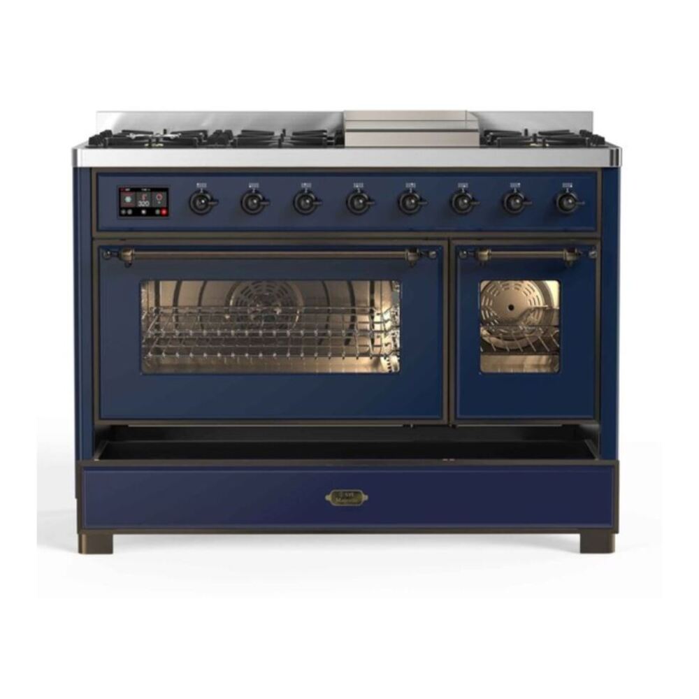 ILVE UM12FDNS3MBB Majestic II 48 inch Dual Fuel Range with 8 Black Brass Burners, Griddle (Natural Gas, Triple Glass Door, Midnight Blue, Burnished) 8 ILVE UM12F Majestic II 48 inch Dual Fuel Range with 8 Burners, Griddle