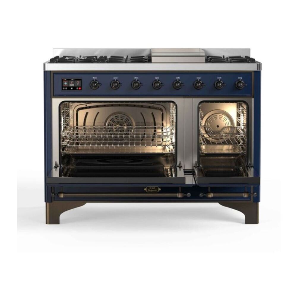 ILVE UM12FDNS3MBB Majestic II 48 inch Dual Fuel Range with 8 Black Brass Burners, Griddle (Natural Gas, Triple Glass Door, Midnight Blue, Burnished) 5 ILVE_UM12FDNS3MBB_Majestic_II_48_Dual_Fuel_Range_Top_Angle