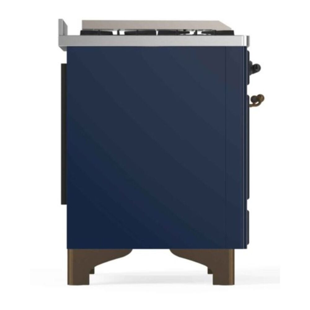 ILVE UM12FDNS3MBB Majestic II 48 inch Dual Fuel Range with 8 Black Brass Burners, Griddle (Natural Gas, Triple Glass Door, Midnight Blue, Burnished) 11 ILVE_UM12FDNS3MBB_Majestic_II_48_Dual_Fuel_Range_Left_Angle