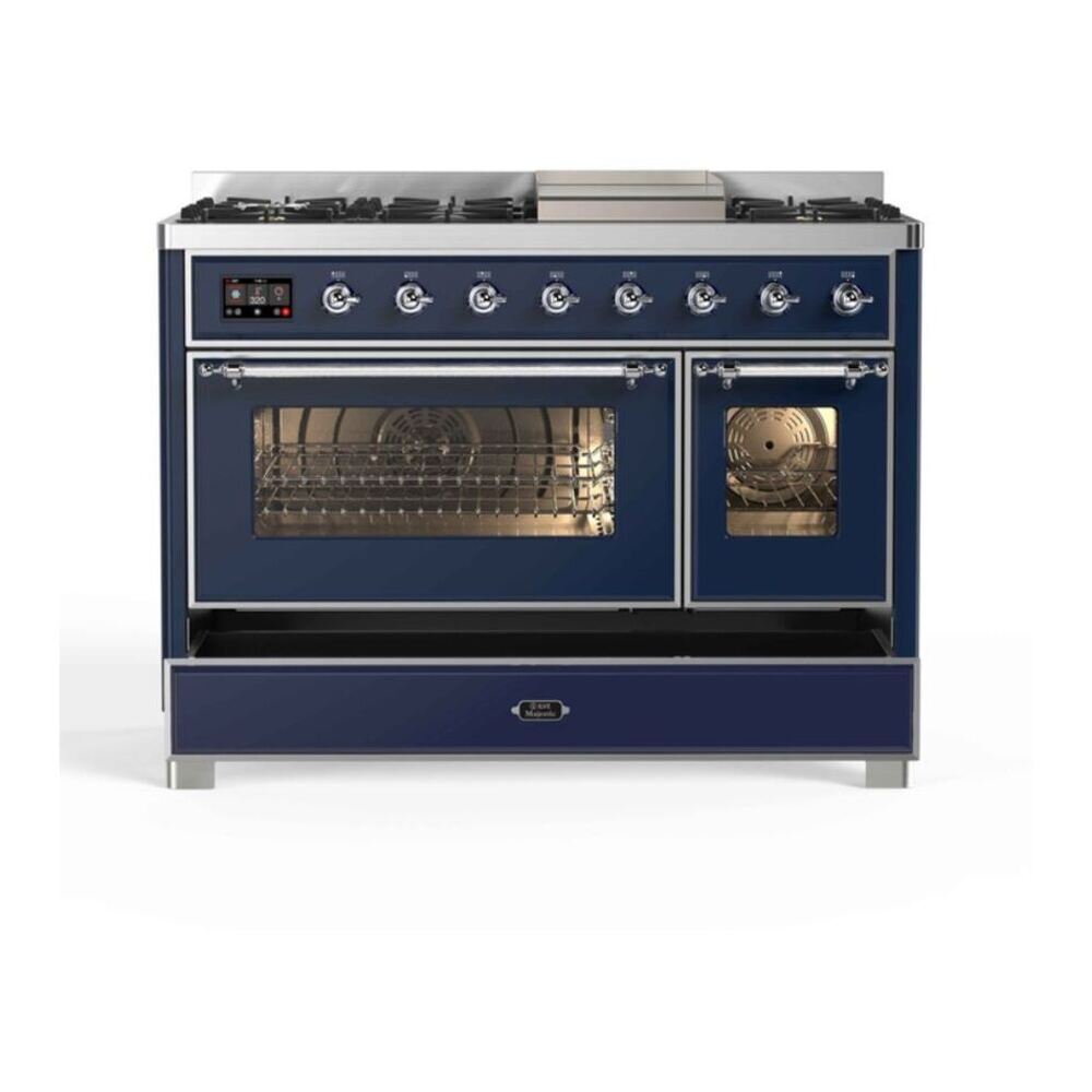ILVE UM12FDNS3MBCLP Majestic II 48 inch Dual Fuel Range with 8 Black Brass Burners, Griddle (Liquid Propane, Triple Glass Door, Midnight Blue, Chrome) 8 ILVE_UM12FDNS3MBCLP_Majestic_II_48"_Dual_Fuel_Range_Top_Angle