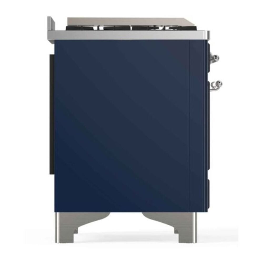 ILVE UM12FDNS3MBCLP Majestic II 48 inch Dual Fuel Range with 8 Black Brass Burners, Griddle (Liquid Propane, Triple Glass Door, Midnight Blue, Chrome) 11 ILVE_UM12FDNS3MBCLP_Majestic_II_48"_Dual_Fuel_Range_Left_Angle