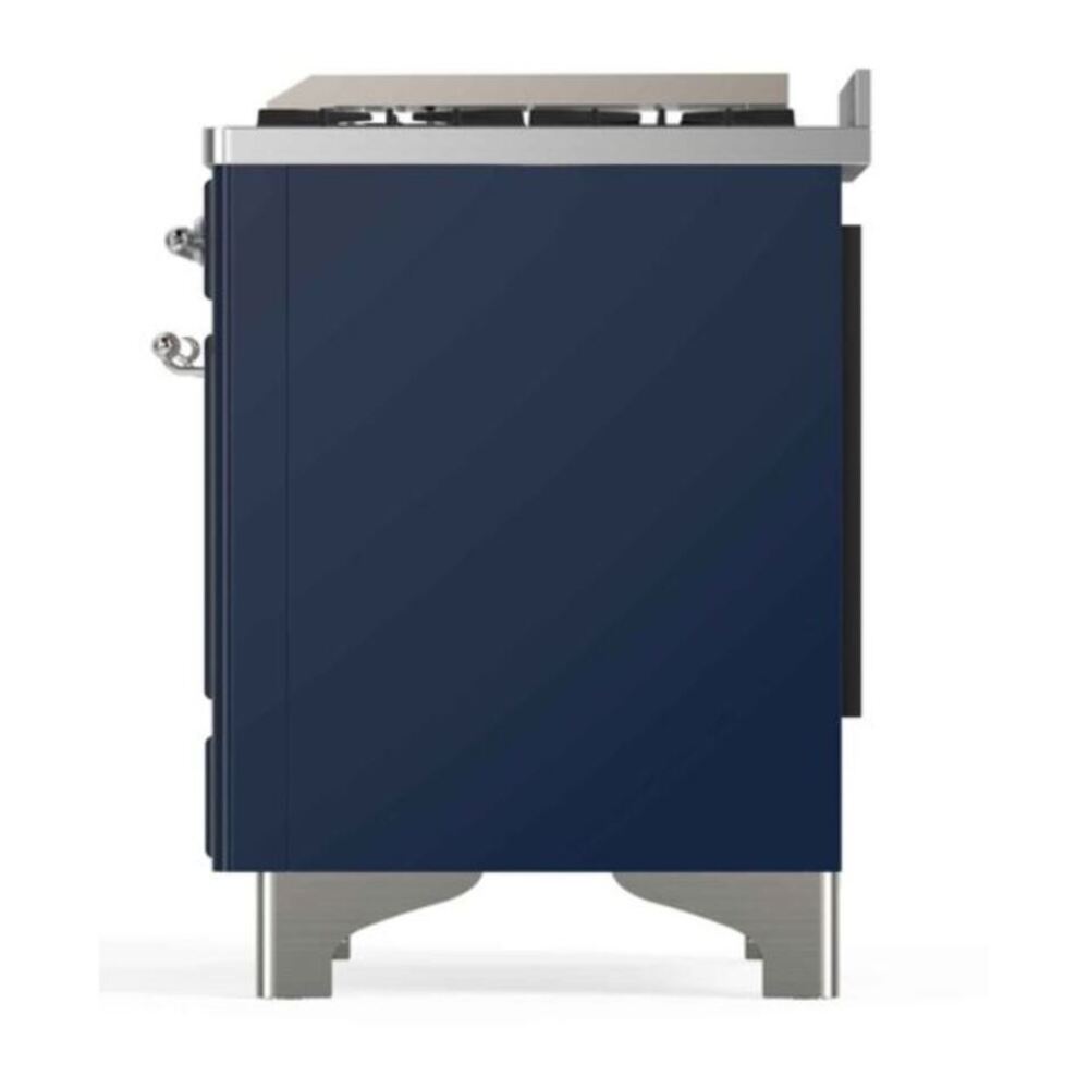 ILVE UM12FDNS3MBCLP Majestic II 48 inch Dual Fuel Range with 8 Black Brass Burners, Griddle (Liquid Propane, Triple Glass Door, Midnight Blue, Chrome) 12 ILVE_UM12FDNS3MBCLP_Majestic_II_48"_Dual_Fuel_Range_Right_Angle