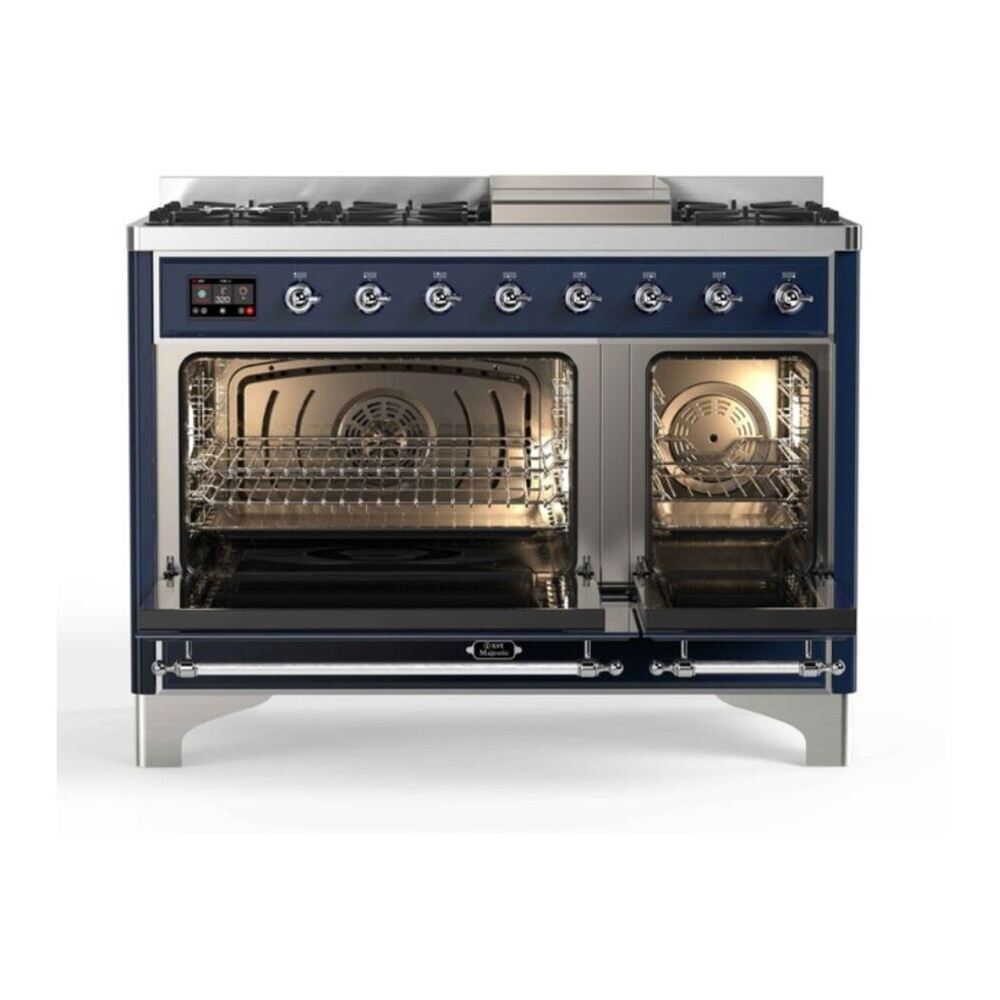 ILVE UM12FDNS3MBC Majestic II 48 inch Dual Fuel Range with 8 Black Brass Burners, Griddle (Natural Gas, Triple Glass Door, Midnight Blue, Chrome) 5 ILVE_UM12FDNS3MBC_Majestic_II_48"_Dual_Fuel_Range_oven_opened