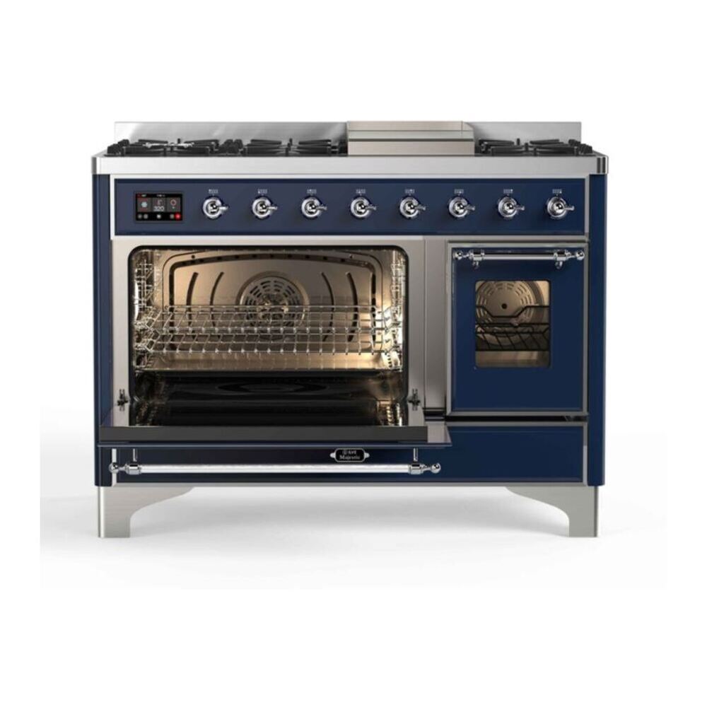 ILVE UM12FDNS3MBC Majestic II 48 inch Dual Fuel Range with 8 Black Brass Burners, Griddle (Natural Gas, Triple Glass Door, Midnight Blue, Chrome) 6 ILVE_UM12FDNS3MBC_Majestic_II_48"_Dual_Fuel_Range_left_oven