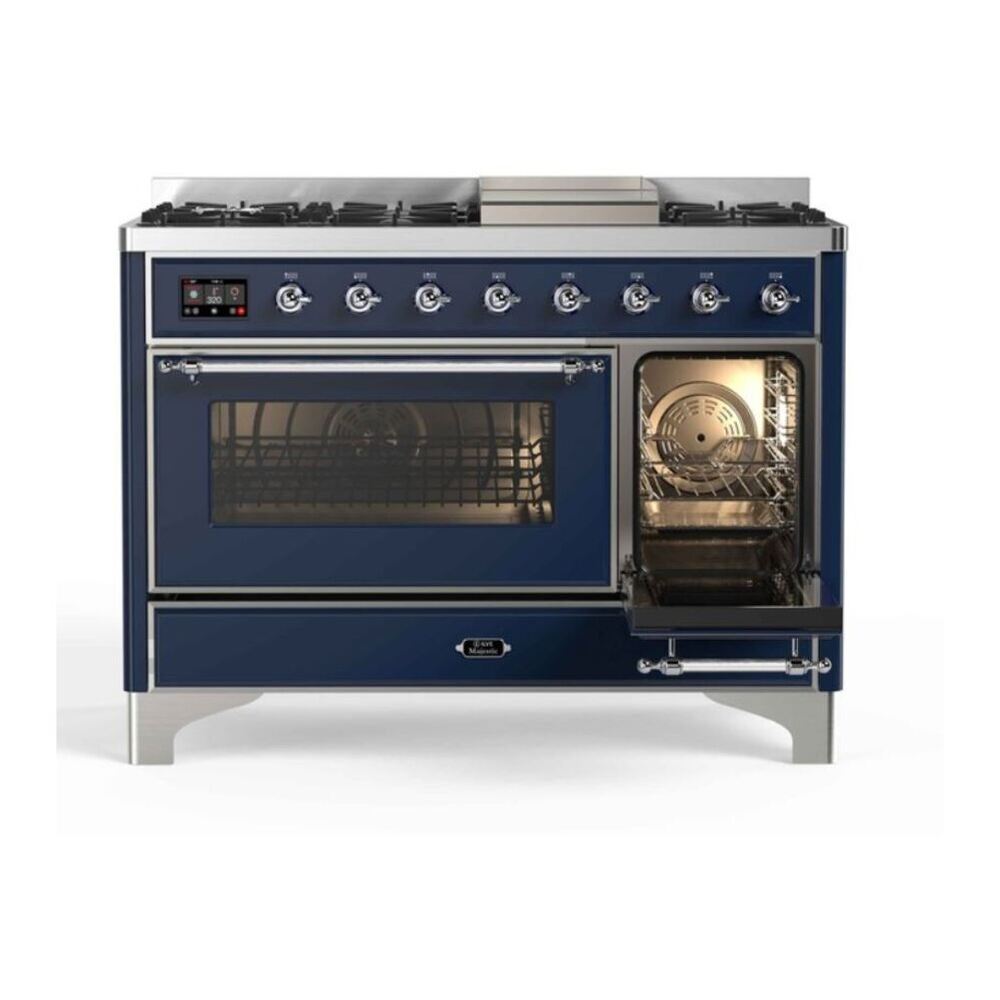 ILVE UM12FDNS3MBC Majestic II 48 inch Dual Fuel Range with 8 Black Brass Burners, Griddle (Natural Gas, Triple Glass Door, Midnight Blue, Chrome) 7 ILVE_UM12FDNS3MBC_Majestic_II_48"_Dual_Fuel_Range_right_oven