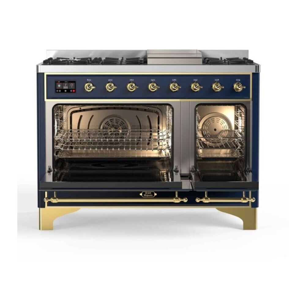 ILVE UM12FDNS3MBGLP Majestic II 48 inch Dual Fuel Range with 8 Black Brass Burners, Griddle (Liquid Propane, Triple Glass Door, Midnight Blue, Brass) 5 ILVE_UM12FDNS3MBGLP_Majestic_II_48"_Dual_Fuel_Range_Top_Angle