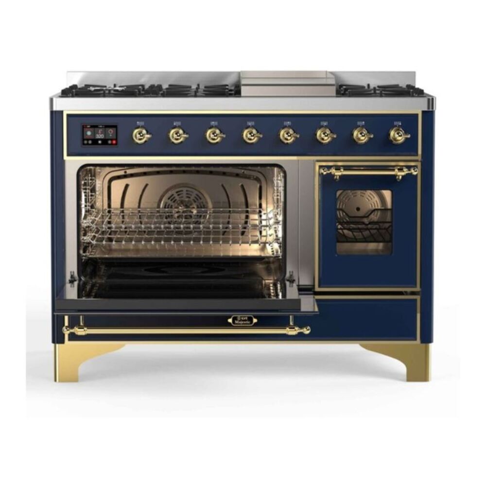 ILVE UM12FDNS3MBG Majestic II 48 inch Dual Fuel Range with 8 Black Brass Burners, Griddle (Natural Gas, Triple Glass Door, Midnight Blue, Brass) 6 ILVE UM12F Majestic II 48 inch Dual Fuel Range with 8 Burners, Griddle