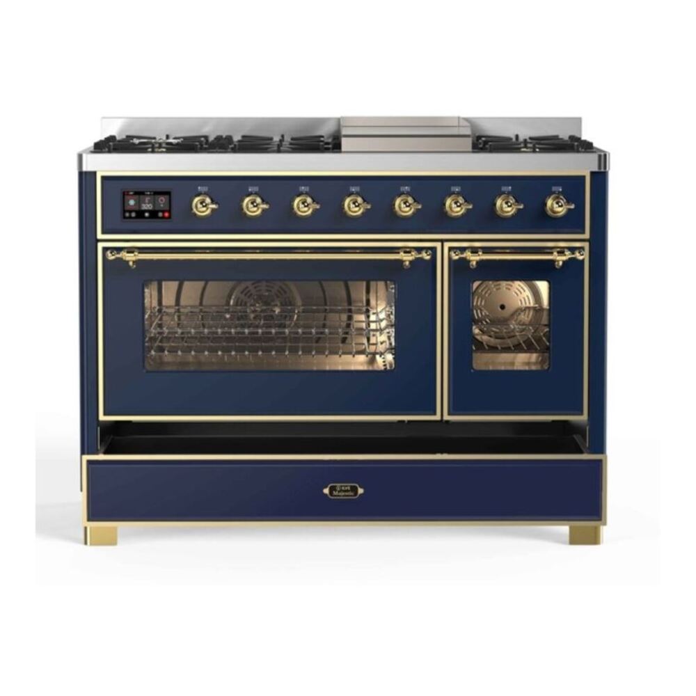 ILVE UM12FDNS3MBG Majestic II 48 inch Dual Fuel Range with 8 Black Brass Burners, Griddle (Natural Gas, Triple Glass Door, Midnight Blue, Brass) 9 ILVE UM12F Majestic II 48 inch Dual Fuel Range with 8 Burners, Griddle