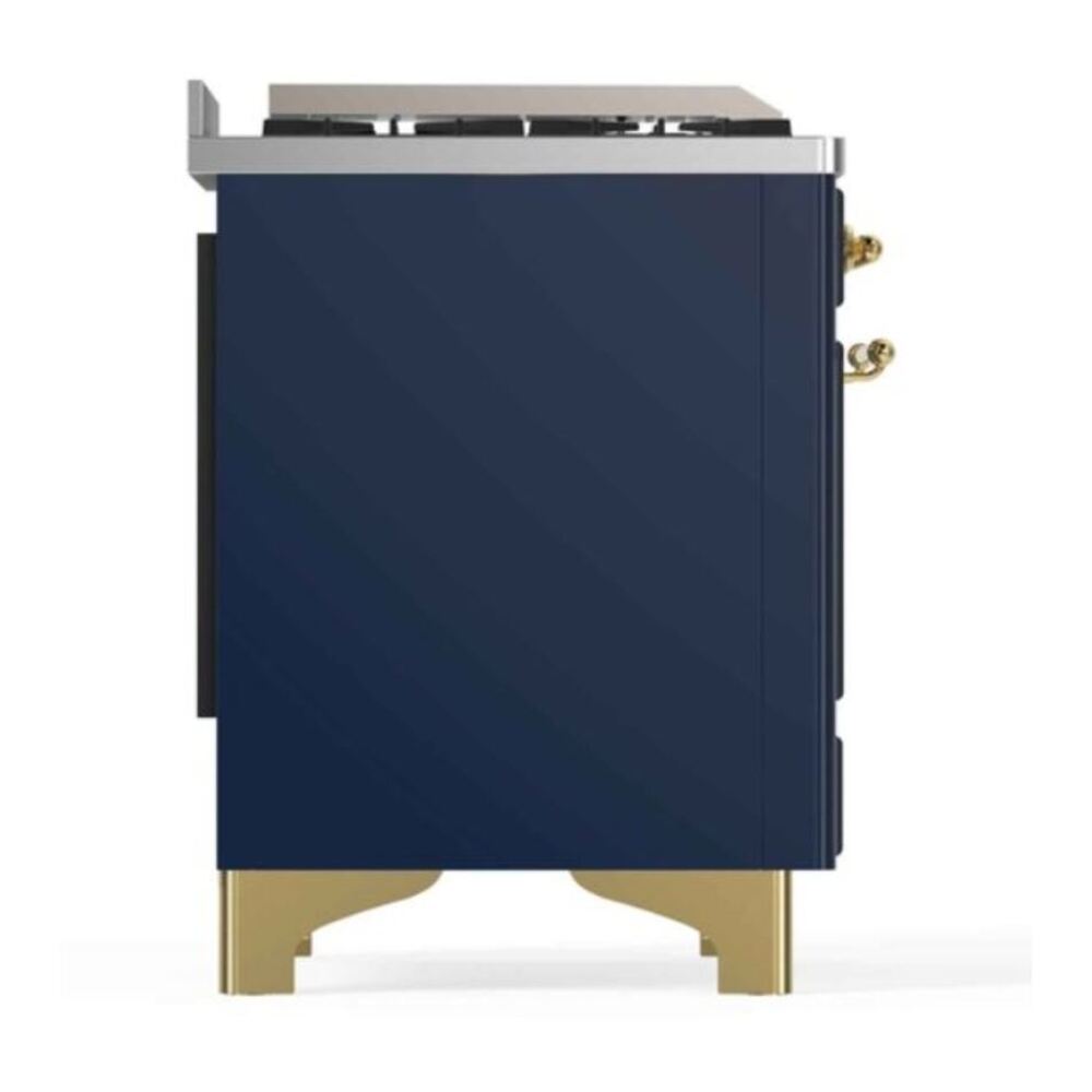 ILVE UM12FDNS3MBG Majestic II 48 inch Dual Fuel Range with 8 Black Brass Burners, Griddle (Natural Gas, Triple Glass Door, Midnight Blue, Brass) 11 ILVE_UM12FDNS3MBG_Majestic_II_48"_Dual_Fuel_Range_Left_Angle