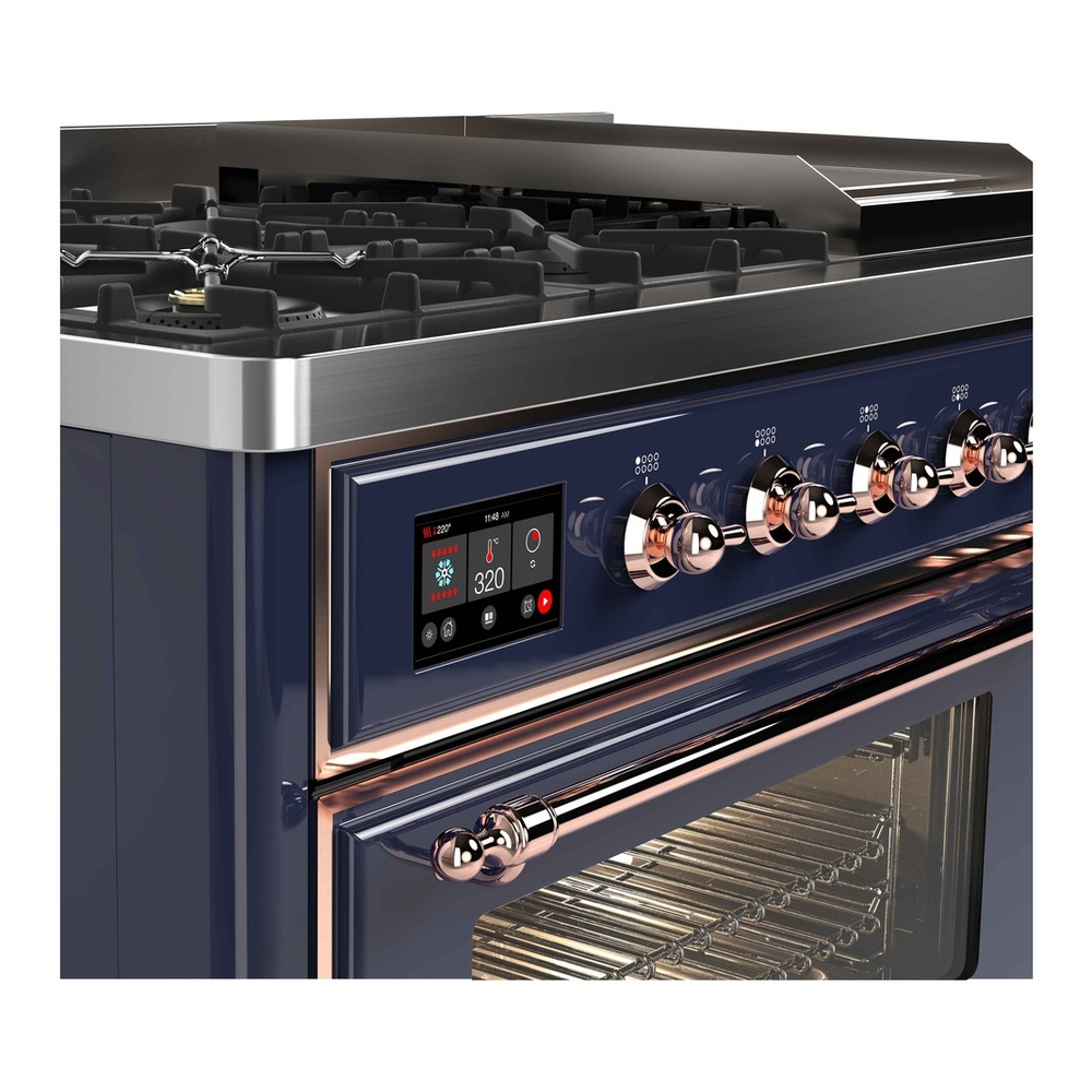 ILVE UM12FDNS3MBPLP Majestic II 48 inch Dual Fuel Range with 8 Black Brass Burners, Griddle (Liquid Propane, Triple Glass Door, Midnight Blue, Copper) 9 ILVE UM12F Majestic II 48 inch Dual Fuel Range with 8 Burners, Griddle