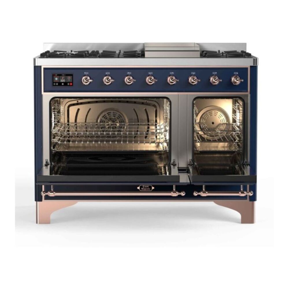 ILVE UM12FDNS3MBPLP Majestic II 48 inch Dual Fuel Range with 8 Black Brass Burners, Griddle (Liquid Propane, Triple Glass Door, Midnight Blue, Copper) 5 ILVE_UM12FDNS3MBP_Majestic_II_48"_Dual_Fuel_Range_Top_Angle