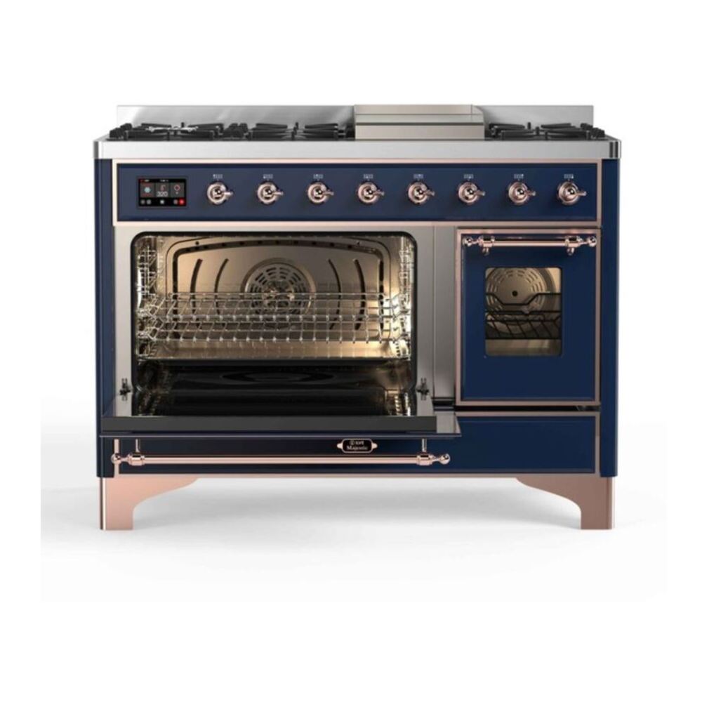 ILVE UM12FDNS3MBP Majestic II 48 inch Dual Fuel Range with 8 Black Brass Burners, Griddle (Natural Gas, Triple Glass Door, Midnight Blue, Copper) 6 ILVE UM12F Majestic II 48 inch Dual Fuel Range with 8 Burners, Griddle