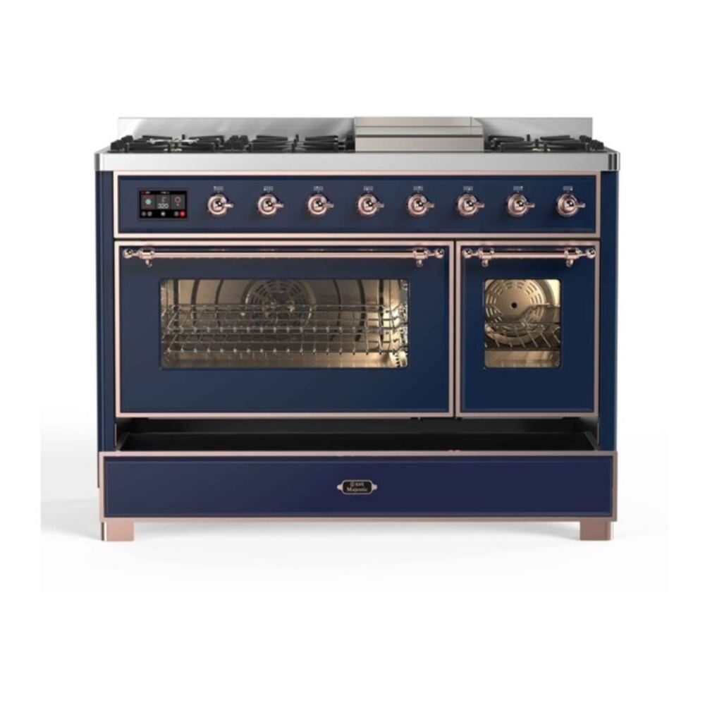 ILVE UM12FDNS3MBP Majestic II 48 inch Dual Fuel Range with 8 Black Brass Burners, Griddle (Natural Gas, Triple Glass Door, Midnight Blue, Copper) 8 ILVE UM12F Majestic II 48 inch Dual Fuel Range with 8 Burners, Griddle