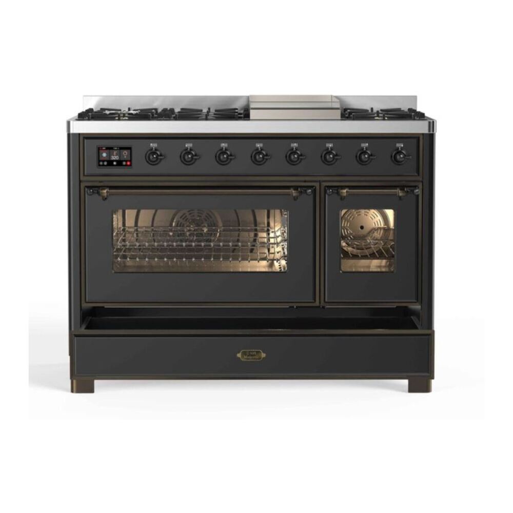 ILVE UM12FDNS3MGBLP Majestic II 48 inch Dual Fuel Range with 8 Black Brass Burners, Griddle (Liquid Propane, Triple Glass Door, Graphite Matte, Burnished) 8 ILVE UM12F Majestic II 48 inch Dual Fuel Range with 8 Burners, Griddle