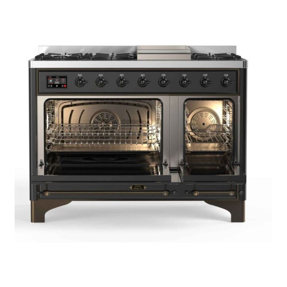 ILVE UM12FDNS3MGBLP Majestic II 48 inch Dual Fuel Range with 8 Black Brass Burners, Griddle (Liquid Propane, Triple Glass Door, Graphite Matte, Burnished) 5 ILVE_UM12FDNS3MGBLP_Majestic_II_48"_Dual_Fuel_Range_Top_Angle