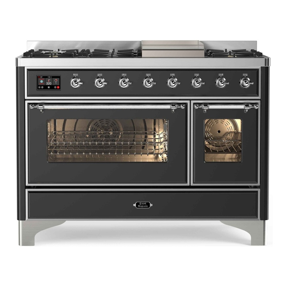 ILVE UM12FDNS3MGCLP Majestic II 48 inch Dual Fuel Range with 8 Black Brass Burners, Griddle (Liquid Propane, Triple Glass Door, Graphite Matte, Chrome) 1 UM12FDNS3MGCLP