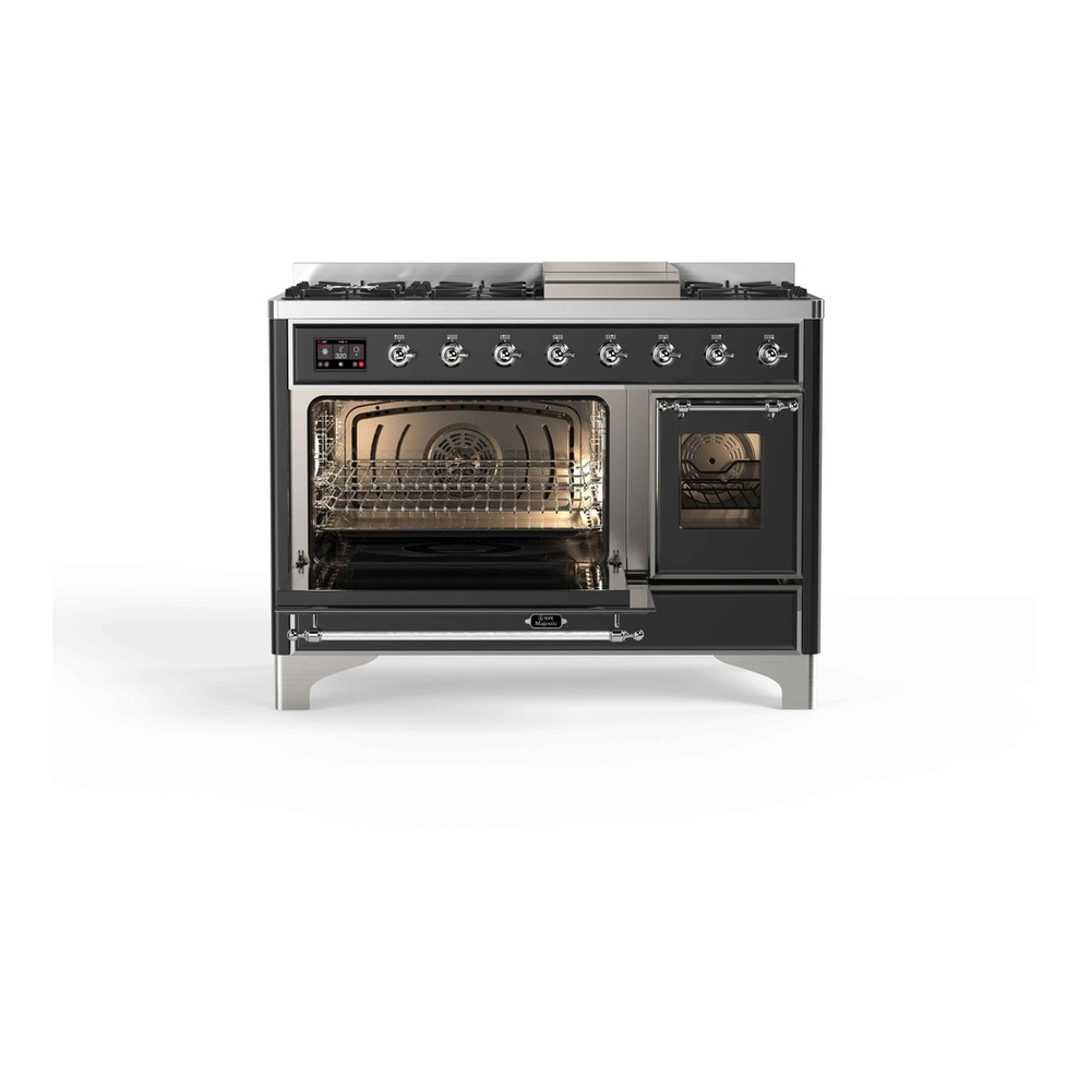 ILVE UM12FDNS3MGCLP Majestic II 48 inch Dual Fuel Range with 8 Black Brass Burners, Griddle (Liquid Propane, Triple Glass Door, Graphite Matte, Chrome) 6 ILVE_UM12FDNS3MGCLP_Majestic_II_48"_Dual_Fuel_Range_left_oven