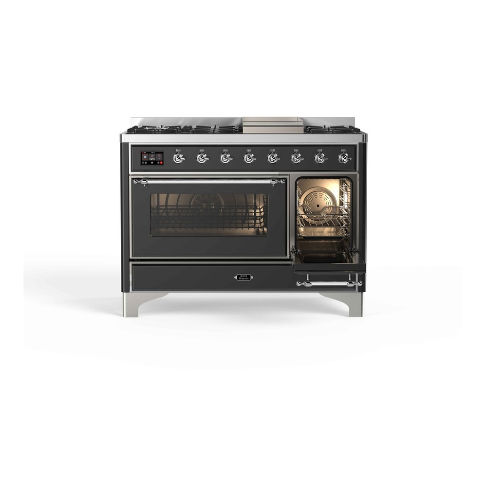 ILVE UM12FDNS3MGCLP Majestic II 48 inch Dual Fuel Range with 8 Black Brass Burners, Griddle (Liquid Propane, Triple Glass Door, Graphite Matte, Chrome) 7 ILVE_UM12FDNS3MGCLP_Majestic_II_48"_Dual_Fuel_Range_right_oven
