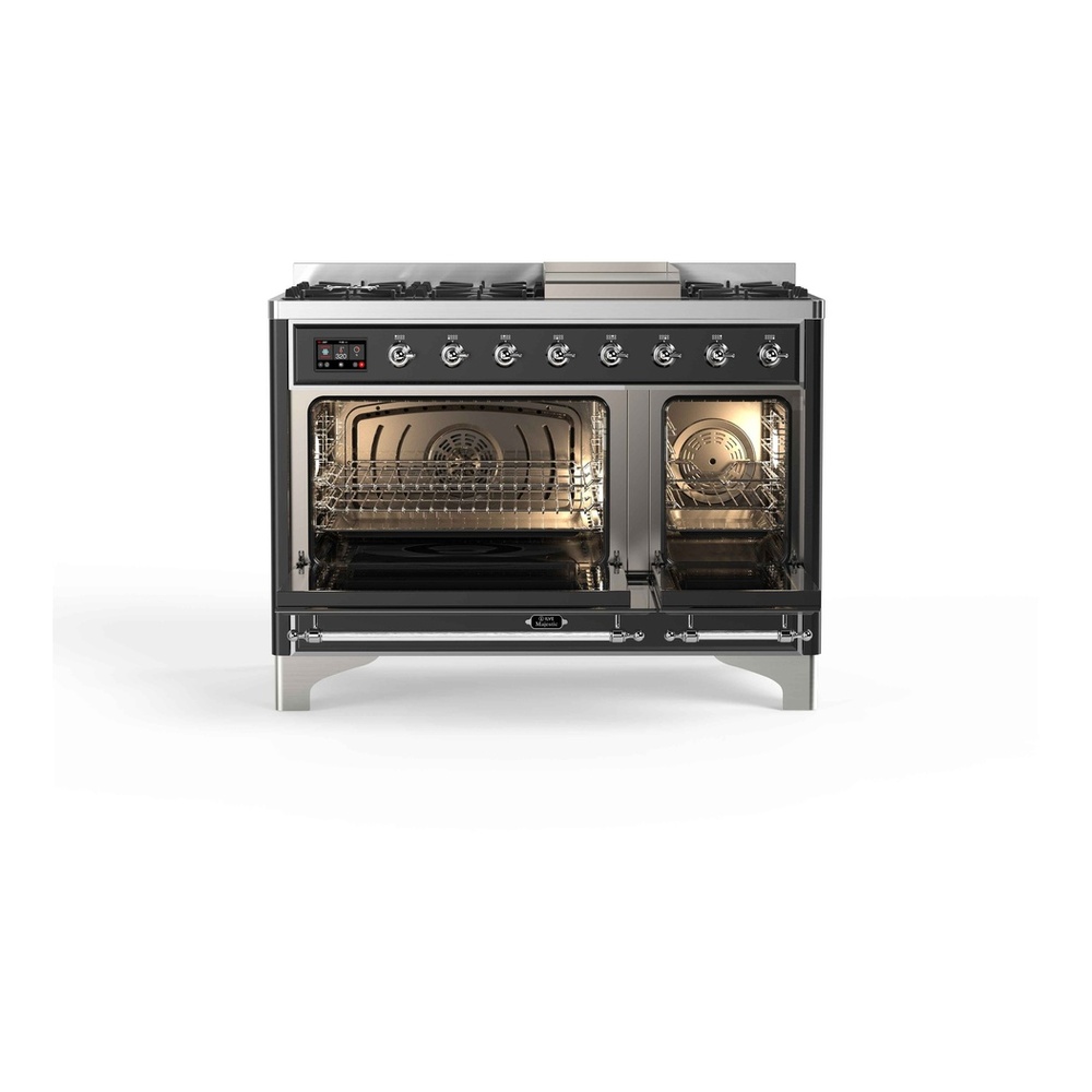 ILVE UM12FDNS3MGC Majestic II 48 inch Dual Fuel Range with 8 Black Brass Burners, Griddle (Natural Gas, Triple Glass Door, Graphite Matte, Chrome) 5 ILVE_UM12FDNS3MGC_Majestic_II_48"_Dual_Fuel_Range_oven_opened