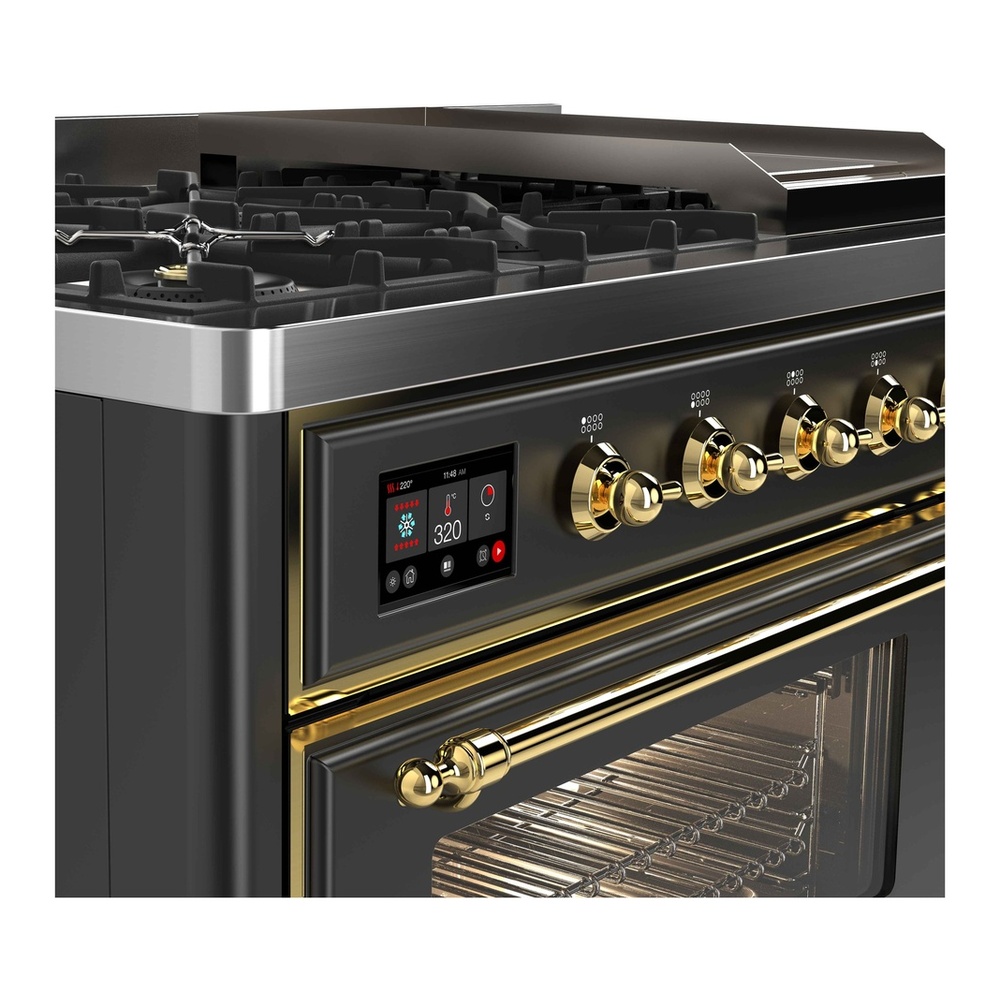 ILVE UM12FDNS3MGG Majestic II 48 inch Dual Fuel Range with 8 Black Brass Burners, Griddle (Natural Gas, Triple Glass Door, Graphite Matte, Brass) 9 ILVE_UM12FDNS3MGG_Majestic_II_48"_Dual_Fuel_Range_Top_Angle