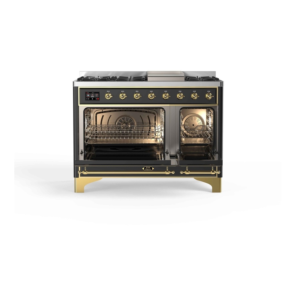 ILVE UM12FDNS3MGG Majestic II 48 inch Dual Fuel Range with 8 Black Brass Burners, Griddle (Natural Gas, Triple Glass Door, Graphite Matte, Brass) 5 ILVE_UM12FDNS3MGG_Majestic_II_48"_Dual_Fuel_Range_oven_opened