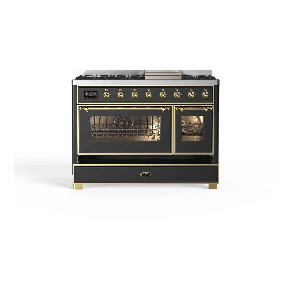 ILVE UM12FDNS3MGG Majestic II 48 inch Dual Fuel Range with 8 Black Brass Burners, Griddle (Natural Gas, Triple Glass Door, Graphite Matte, Brass) 8 ILVE_UM12FDNS3MGG_Majestic_II_48"_Dual_Fuel_Range_drawer_opened