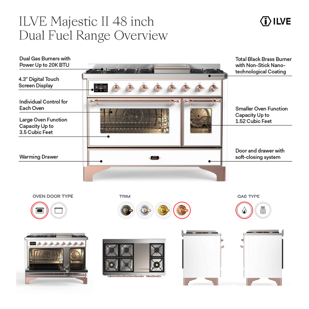 ILVE UM12FDNS3MGG Majestic II 48 inch Dual Fuel Range with 8 Black Brass Burners, Griddle (Natural Gas, Triple Glass Door, Graphite Matte, Brass) 2 UM12FDNS3MGG overview