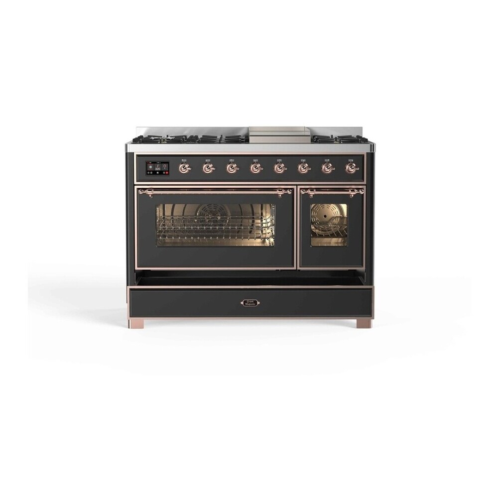 ILVE UM12FDNS3MGPLP Majestic II 48 inch Dual Fuel Range with 8 Black Brass Burners, Griddle (Liquid Propane, Triple Glass Door, Graphite Matte, Copper) 8 ILVE UM12F Majestic II 48 inch Dual Fuel Range with 8 Burners, Griddle