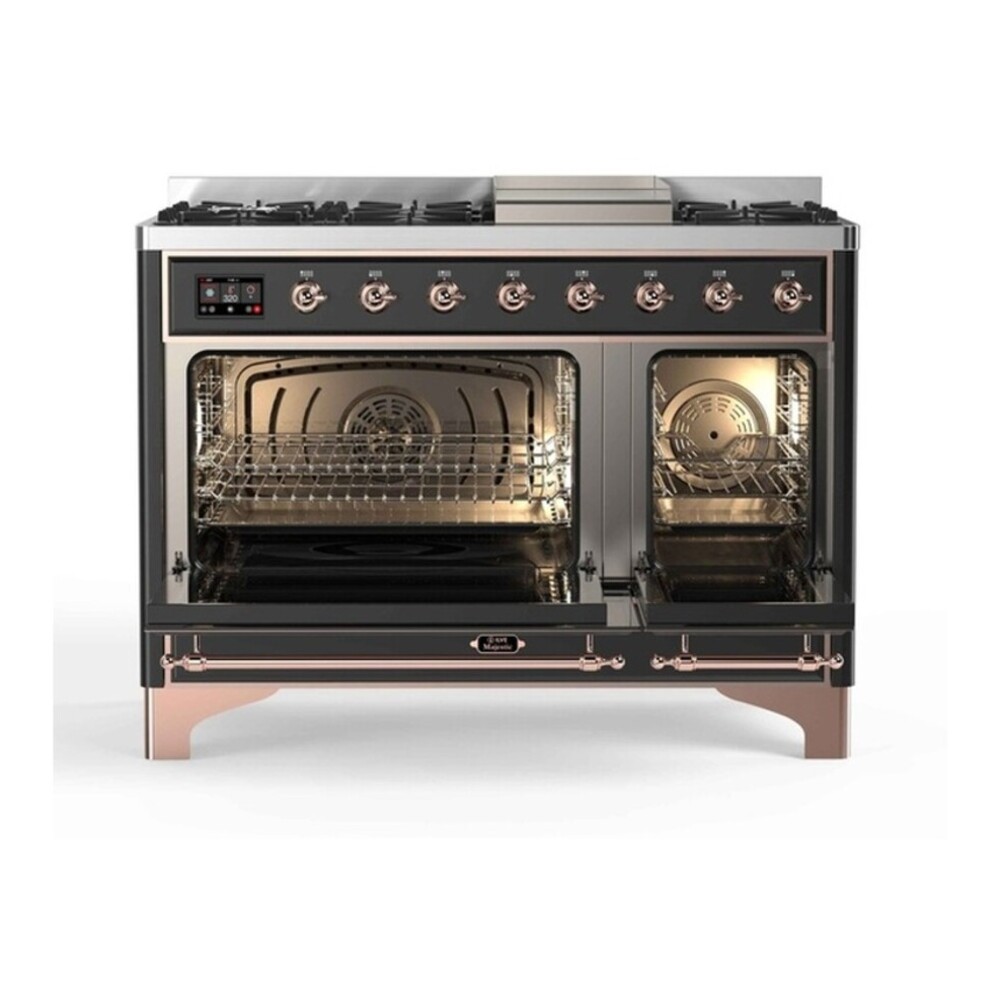 ILVE UM12FDNS3MGP Majestic II 48 inch Dual Fuel Range with 8 Black Brass Burners, Griddle (Natural Gas, Triple Glass Door, Graphite Matte, Copper) 2 ILVE_UM12FDNS3MGP_Majestic_II_48"_Dual_Fuel_Range_Top_Angle